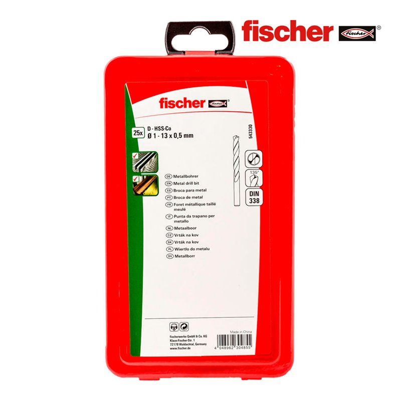 PACK 25 BROCAS METAL HSS-Co DIN338 1-13  FISCHER. SU ALEACIÓN CON COBALTO LA HACE PERFECTA PARA TRABAJAR METALES DUROS COMO EL A