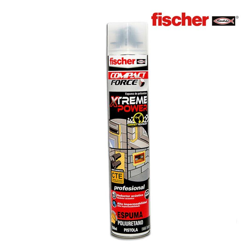 ESPUMA PU XTREME POWER MANUAL 750 ML FISCHER. ESPUMA MONOCOMPONENTE DE ENDURECIMIENTO RÁPIDO QUE CONTIENE UNA MEZCLA DE PROPULSO