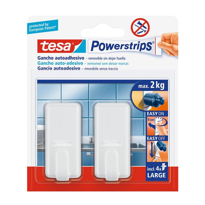 TESA POWERSTRIPS HASTA 2KG CLASSIC BLANCO. FIJACIÓN DE OBJETOS EN SUPERFICIES LISAS SIN USAR HERRAMIENTAS, TORNILLOS O CLAVOS. S