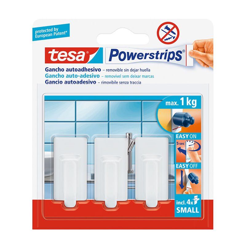 TESA POWERSTRIPS HASTA 1KG CLASSIC BLANCO. FIJACIÓN DE OBJETOS EN SUPERFICIES LISAS SIN USAR HERRAMIENTAS, TORNILLOS O CLAVOS. S