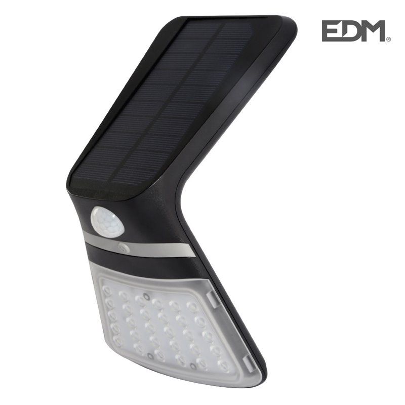 Aplique solar 3,5w 430lm sensor de presença recarregável 2 8m Cor Preto 10,5x13cm EDM