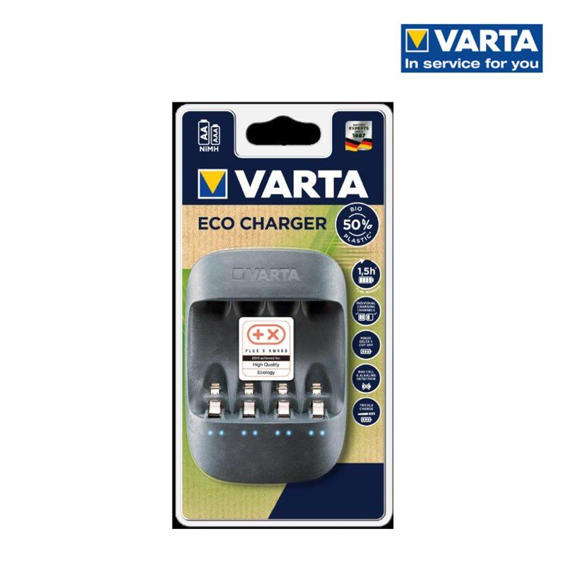 CARGADOR VARTA ECO CHARGER PARA PILAS AA Y AAA  SIN PILAS. CARGADOR RESPETUOSO CON EL MEDIO AMBIENTE, HECHO CON UN 50% DE BIOPLÁ