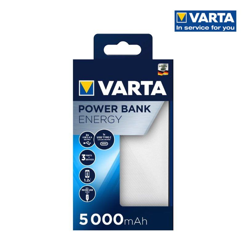 POWER BANK ENERGY 5000 VARTA . POTENTE BANCO DE ENERGÍA CON 4 PUERTOS (1X ENTRADA MICRO USB, 2X SALIDAS USB A, 1X PUERTO BIDIREC