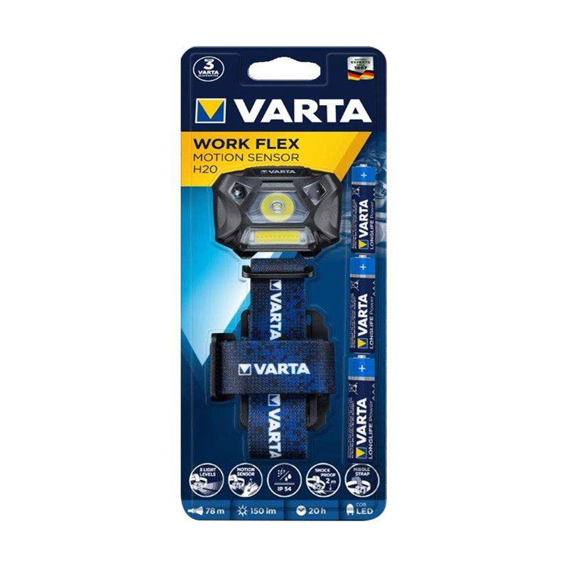 LINTERNA WORK FLEX MOTION SENSOR H20  VARTA. FUNCIÓN DE SENSOR DE MOVIMIENTO PASANDO LA MANO DELANTE DE LA LUZ. TECNOLOGÍA COB L