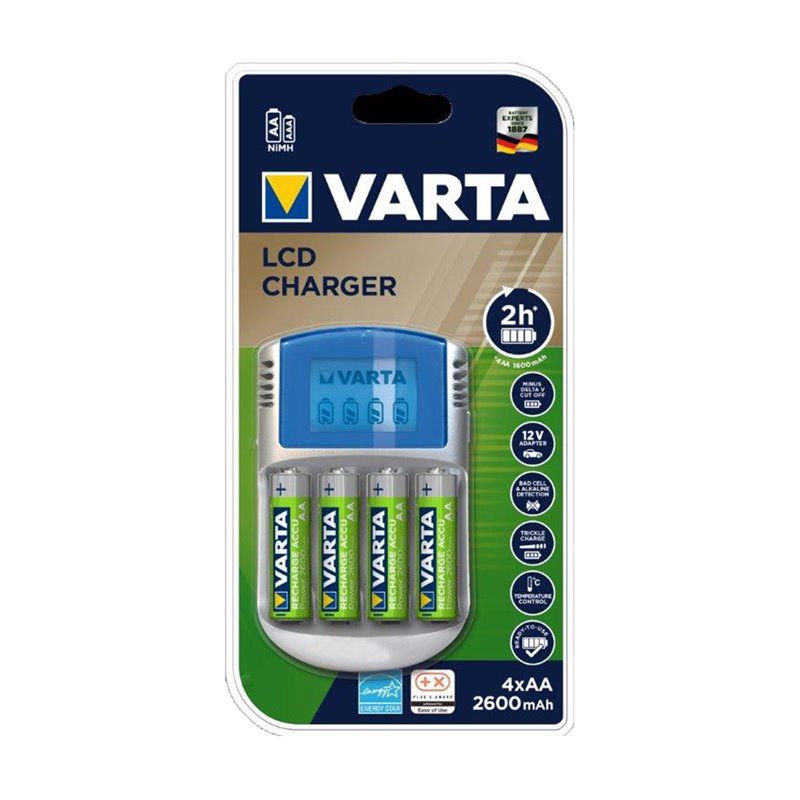 CARGADOR VARTA LCD CHARGER PARA PILAS AA Y AAA. INDICADOR DE NIVEL DE CARGA. INCLUYE 4 X AA  2600 mAh 5716. ADAPTADOR 12V. CARGA