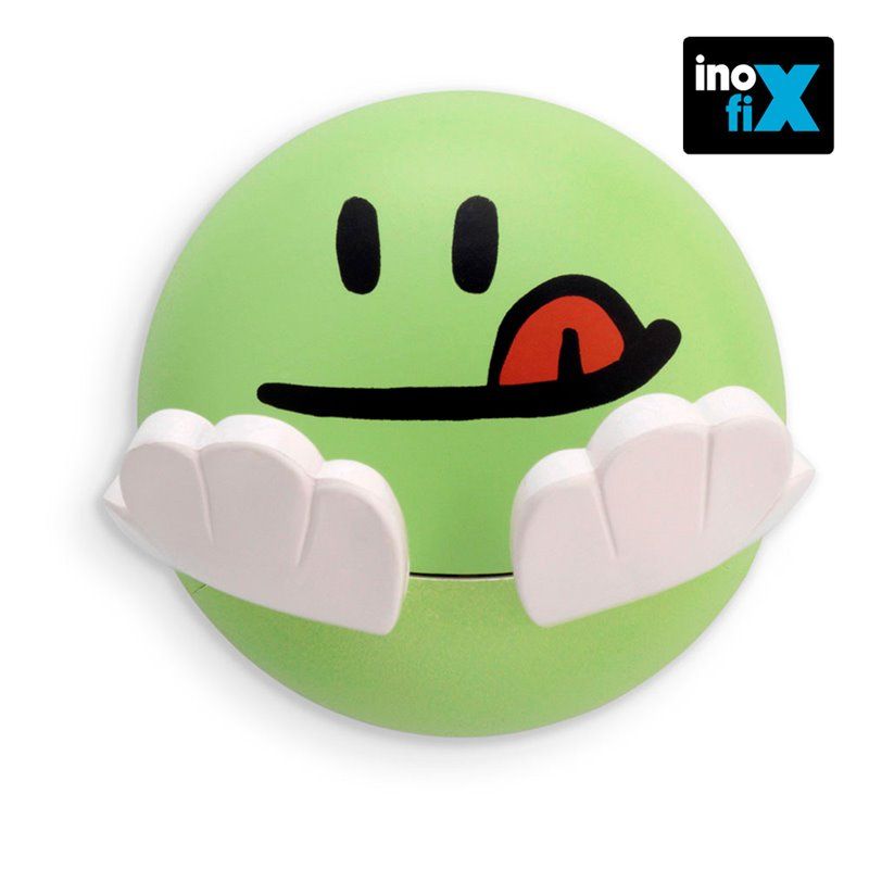 COLGADOR ADHESIVO INFANTIL DISEÑO CARA VERDE. INOFIX . MEDIDAS:Ø65X45MM. AGUANTA HASTA 2KG.