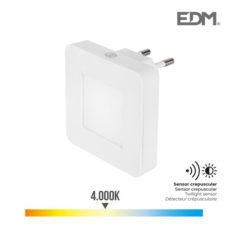 PILOTO NOCHE LED 0,5W 5LM 4.000K LUZ DIA CUADRADO EDM. SENSOR CREPUSCULAR 15LUX. 220-240V/50Hz. 20mA. 120º. PROFUNDIDAD 4,5CM. D