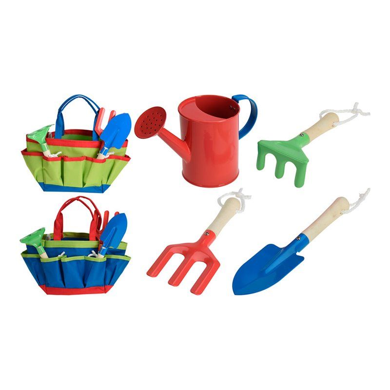 SET 5 HERRAMIENTAS DE JARDINERÍA PARA NIÑOS. INCLUYE REGADERA, 2 RASTRILLOS, PALA Y BOLSA.