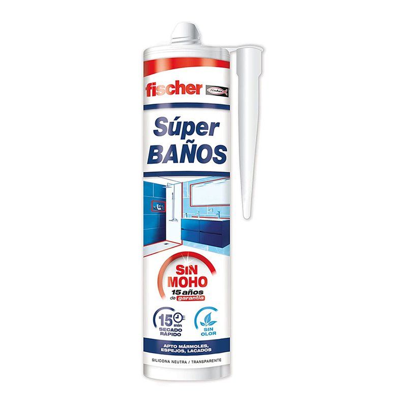 SUPER BAÑOS SILICONA TRANSLÚCIDA ANTIMOHO SIN OLOR 280ML 563065 FISCHER. SILICONA BAÑOS DE LARGA DURACIÓN ANTIMOHO, RÁPIDA CURAC