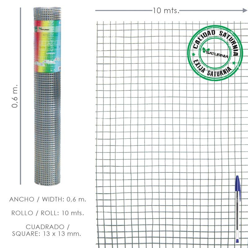 Malla Electrosoldada Ligera Galvanizada 13x13 Alto 60 cm. Rollo 10 Metros Uso Domestico