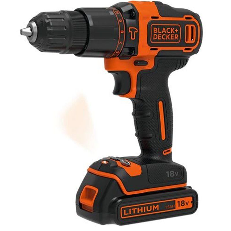  TALADRO PERCUTOR 18V  BLACK+DECKER. PORTABROCAS 10MM, 0-360/ 1400 RPM. 21.000 IPM. INCLUYE 2 BATERÍAS 1,5AH DE LITIO. CARGADOR 