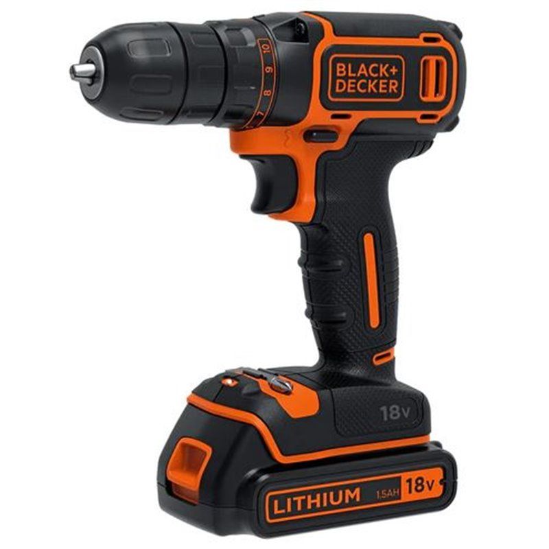  TALADRO ATORNILLADOR 18V BLACK+DECKER. PORTABROCAS 10MM,0-650 RPM. INCLUYE 1 BATERÍA 1,5AH DE LITIO,CARGADOR Y MALETÍN.