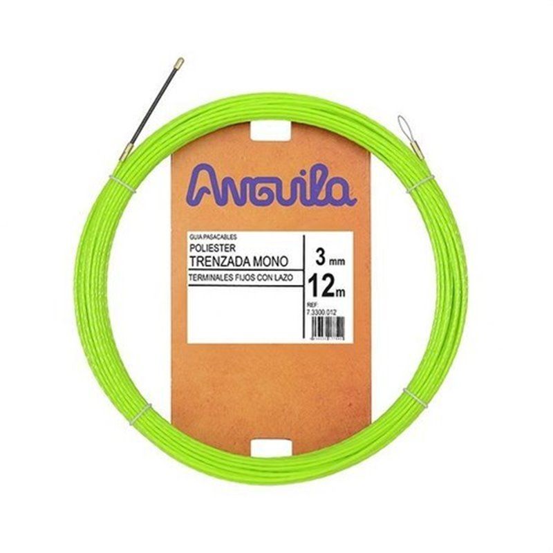 Trenza monofilamento poliéster ANGUILA diámetro 3mm 12m con nuevos terminales diámetro 5mm fijos con lazo, color verde flúor