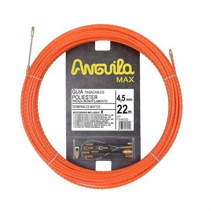 Trenza monofilamento poliéster ANGUILA MAX diámetro 4,5mm 22m con nuevos terminales diámetro 5mm fijos con lazo, color naranja