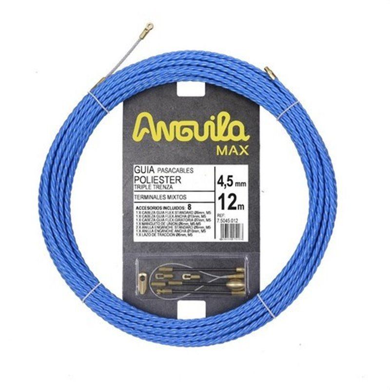 Trenza triple poliéster ANGUILA MAX diámetro 4,5mm 12m con nuevos terminales diámetro 5mm fijos con lazo, color azul