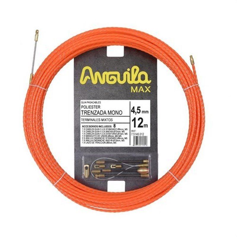 Trenza monofilamento poliéster ANGUILA MAX diámetro 4,5mm 12m con nuevos terminales diámetro 5mm fijos con lazo, color naranja