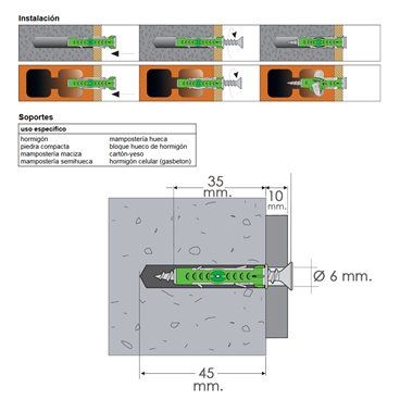 Taco Topgripper Bimaterial Ø 10 mm. (Caja 75 unidades) Taco Anclaje  Universal, Taco Hormigon, Taco Pladur, Taco Ladrillo