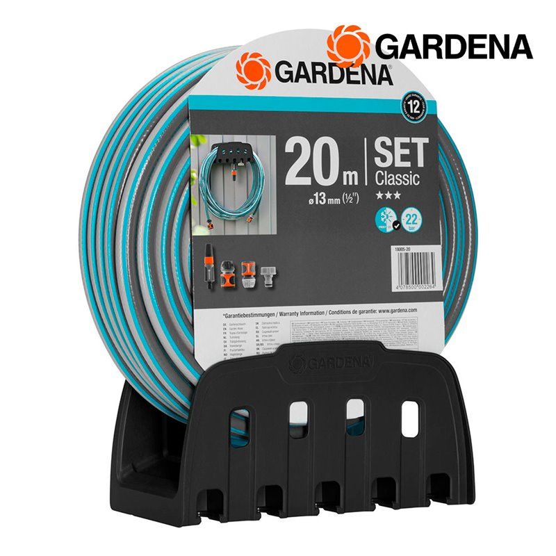 Mangueira Clássica Ø13mm (1/2") Rolo 20m com Acessórios+Suporte Gardena