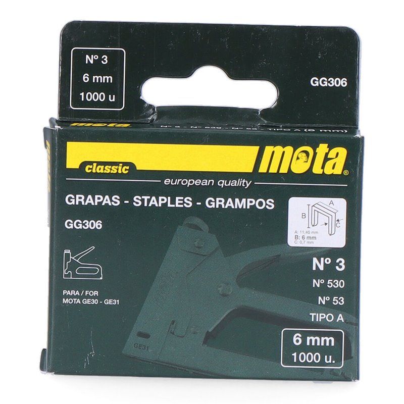 Grampos MOTA nº 3 de 6mm 1000 Unidades. Espessura 0,7 mm GG306