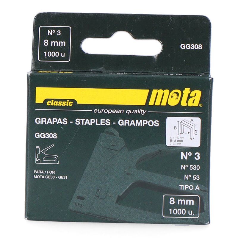 Grampos MOTA nº 3 8mm 1000 unidades. Espessura 0,7 mm GG308