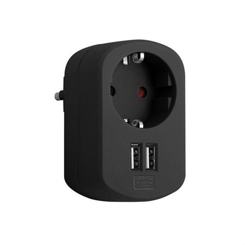 ADAPTADOR COMBI 1 TOMA 16A 250V + 2 USB 3.15A NEGRO