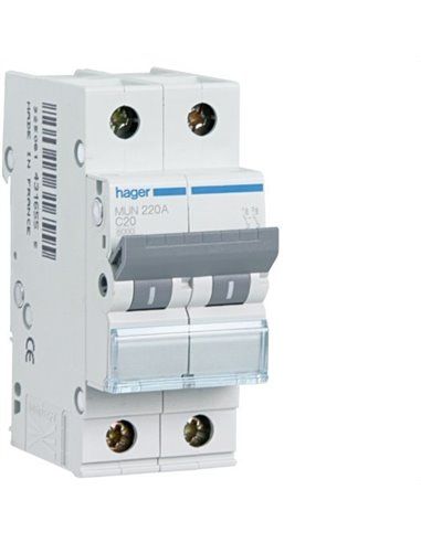 HAGER MUN220A | Circuit breaker 2P 20A curve-C 6kA