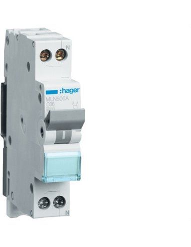 HAGER MLN506A | Interruptor automático 1P+N 6A curva-C 6kA 1 módulo