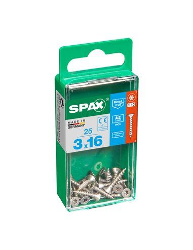 Caixa de 25 unidades de parafusos para madeira Spax com cabeça plana de aço inoxidável A2 3,0x16mm Spax