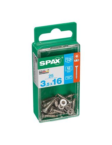 Caixa de 25 unidades de parafusos para madeira Spax com cabeça plana de aço inoxidável A2 3,5x16mm Spax