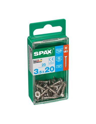 Caixa de 25 unidades de parafusos para madeira Spax com cabeça plana de aço inoxidável A2 3,5x20mm Spax