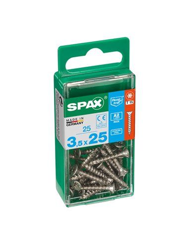 Caixa de 25 unidades de parafusos para madeira Spax com cabeça plana de aço inoxidável A2 3,5x25mm Spax