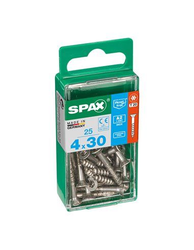 Caixa de 25 unidades de parafusos para madeira Spax com cabeça plana de aço inoxidável A2 4,0x30mm Spax