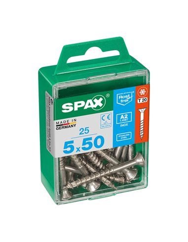 Caixa de 25 unidades de parafusos para madeira Spax com cabeça plana de aço inoxidável A2 5,0x50mm Spax