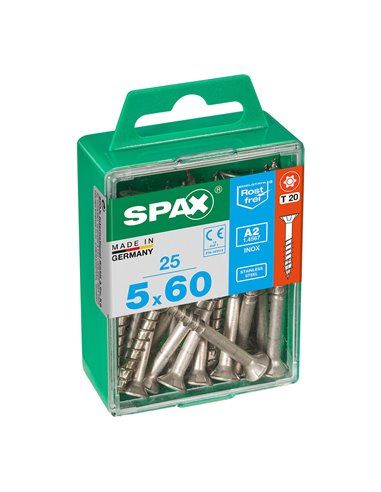 Caixa de 25 unidades de parafusos para madeira Spax com cabeça plana de aço inoxidável A2 5,0x60mm Spax