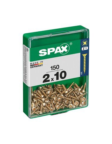 Caixa de 150 unidades de parafusos para madeira Spax com cabeça plana Yellox 2,0x10mm Spax