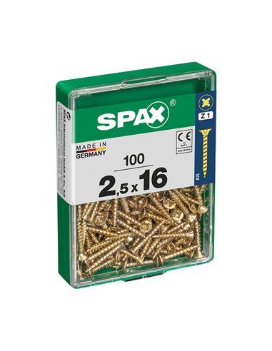 Caixa de 100 unidades de parafuso para madeira Spax com cabeça plana Yellox 2,5x16mm Spax