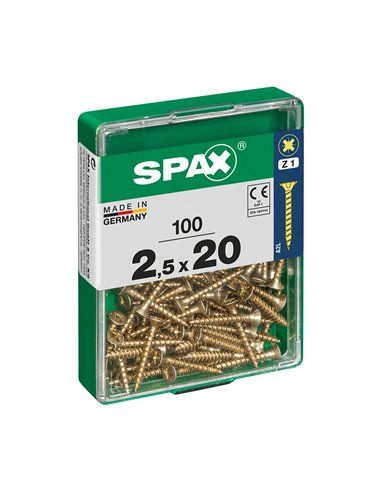 Caixa de 100 unidades de parafuso para madeira Spax com cabeça plana Yellox 2,5x20mm Spax