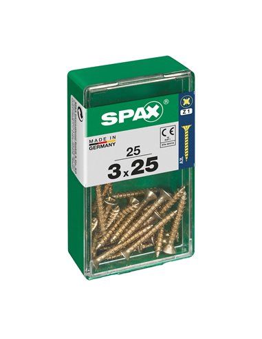 Caixa de 25 unidades de parafuso para madeira Spax com cabeça plana Yellox 3,0x25mm Spax