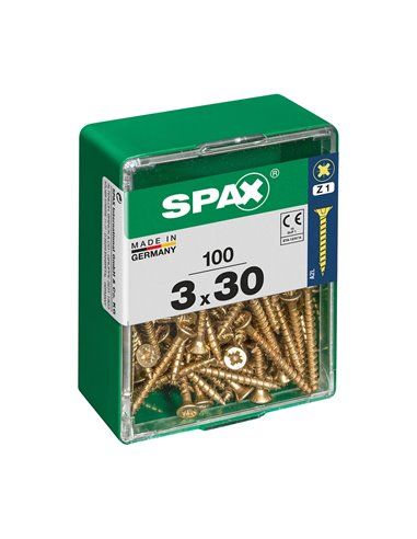 Caixa de 100 unidades de parafuso para madeira Spax com cabeça plana Yellox 3,0x30mm Spax