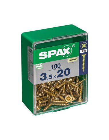 Caixa de 100 unidades de parafuso para madeira Spax com cabeça plana Yellox 3,5x20mm Spax