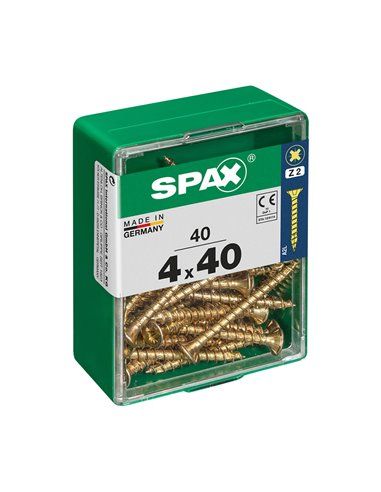 Caixa de 40 unidades de parafusos para madeira com cabeça chata em Yellox 4,0x40mm Spax