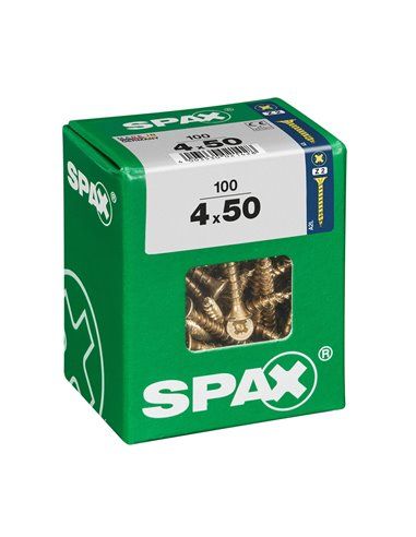 Caixa de 100 unidades de parafusos para madeira com cabeça chata em Yellox 4,0x50mm Spax