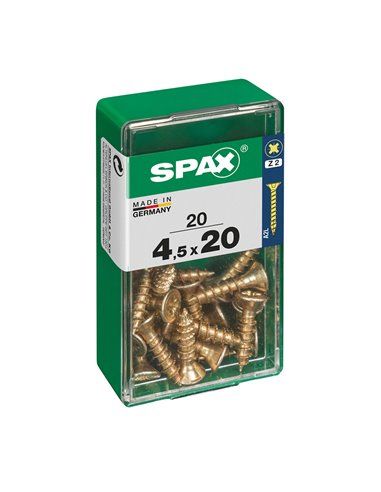 Caixa de 20 unidades de parafusos para madeira com cabeça chata em Yellox 4,5x20mm Spax