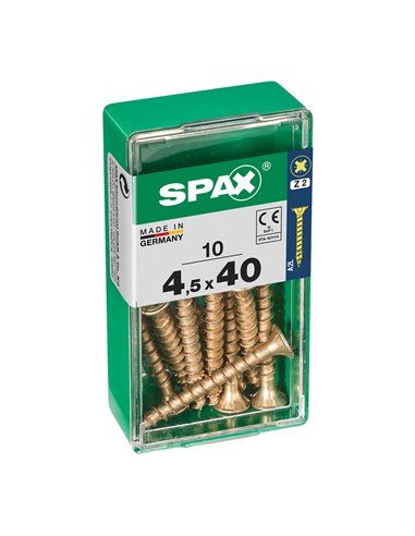 Caixa de 10 unidades de parafusos para madeira com cabeça chata em Yellox 4,5x40mm Spax