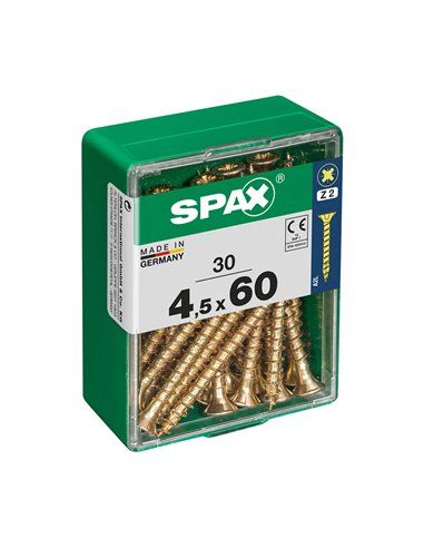 Caixa de 30 unidades de parafusos para madeira com cabeça chata em Yellox 4,5x60mm Spax