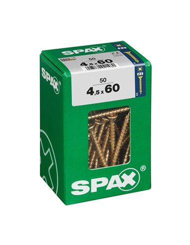 Caixa de 50 unidades de parafusos para madeira com cabeça chata em Yellox 4,5x60mm Spax