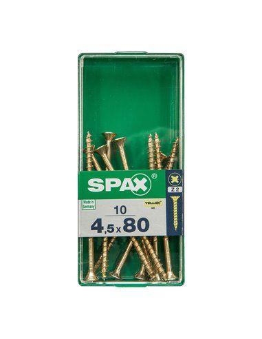 CAJA 10 uds. TORNILLO MADERA SPAX CAB. PLANA YELLOX 4,5x80mm SPAX