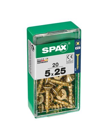 Caixa de 20 unidades de parafuso para madeira Spax com cabeça plana Yellox 5,0x25mm Spax