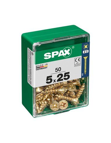 Caixa de 50 unidades de parafuso para madeira Spax com cabeça plana Yellox 5,0x25mm Spax