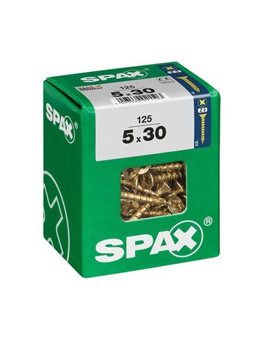 Caixa de 125 unidades de parafusos para madeira com cabeça chata em Yellox 5,0x30mm Spax